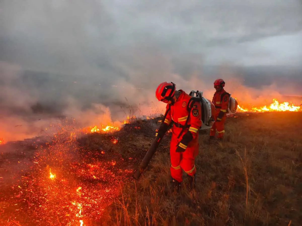Firefighters use blowers to beat back flames